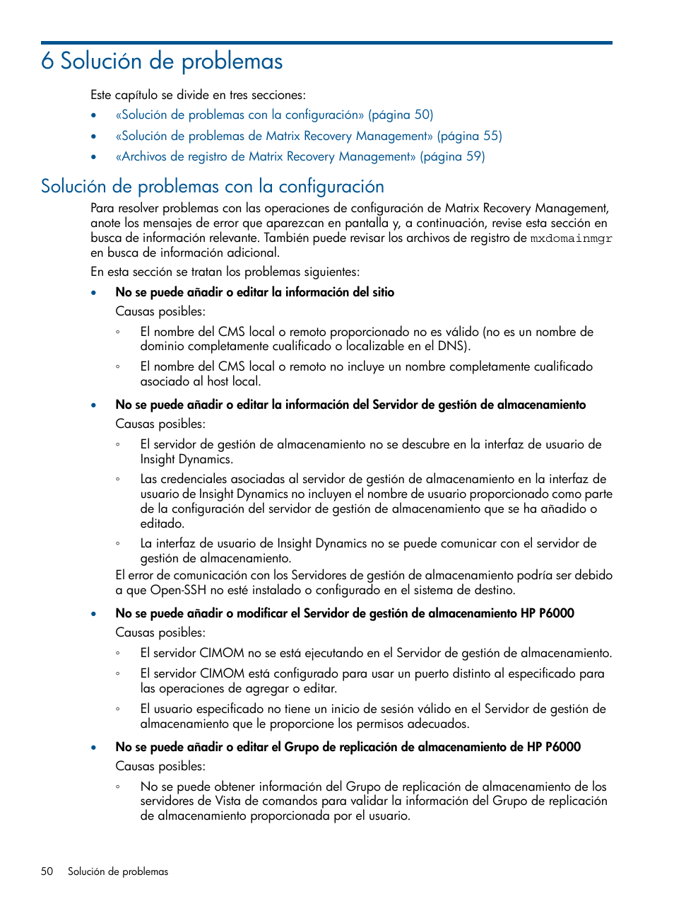 6 solución de problemas, Solución de problemas con la configuración | HP Software HP Matrix Operating Environment User Manual | Page 50 / 65