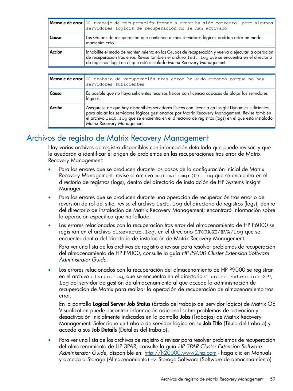 Archivos de registro de matrix recovery management | HP Software HP Matrix Operating Environment User Manual | Page 59 / 65