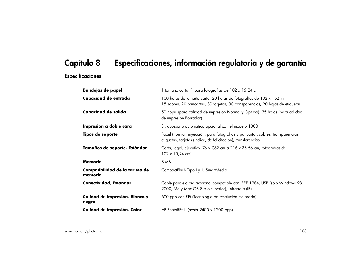 Especificaciones | HP Impresora HP Photosmart p1000 1000 User Manual | Page 109 / 126