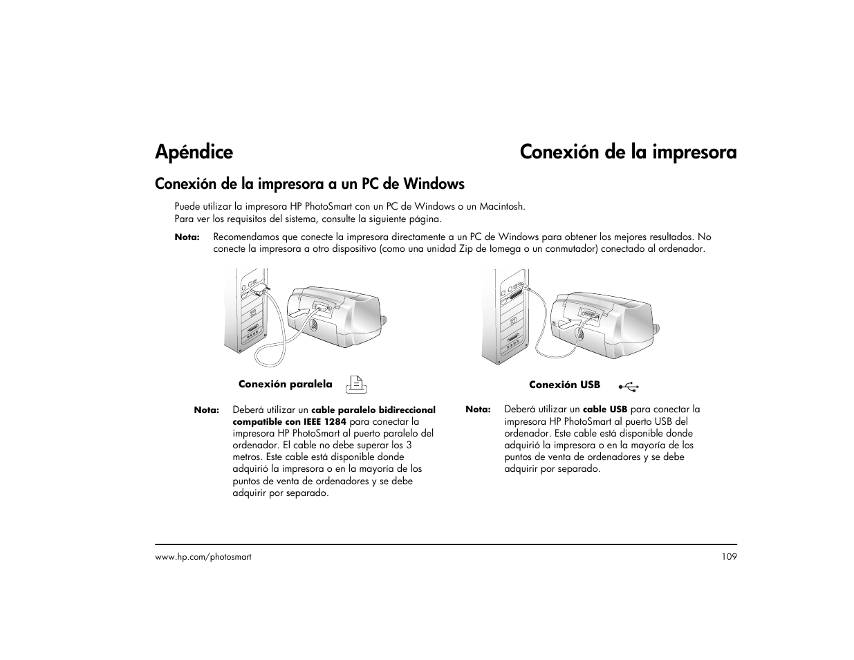 Apéndice conexión de la impresora, Conexión de la impresora a un pc de windows | HP Impresora HP Photosmart p1000 1000 User Manual | Page 115 / 126