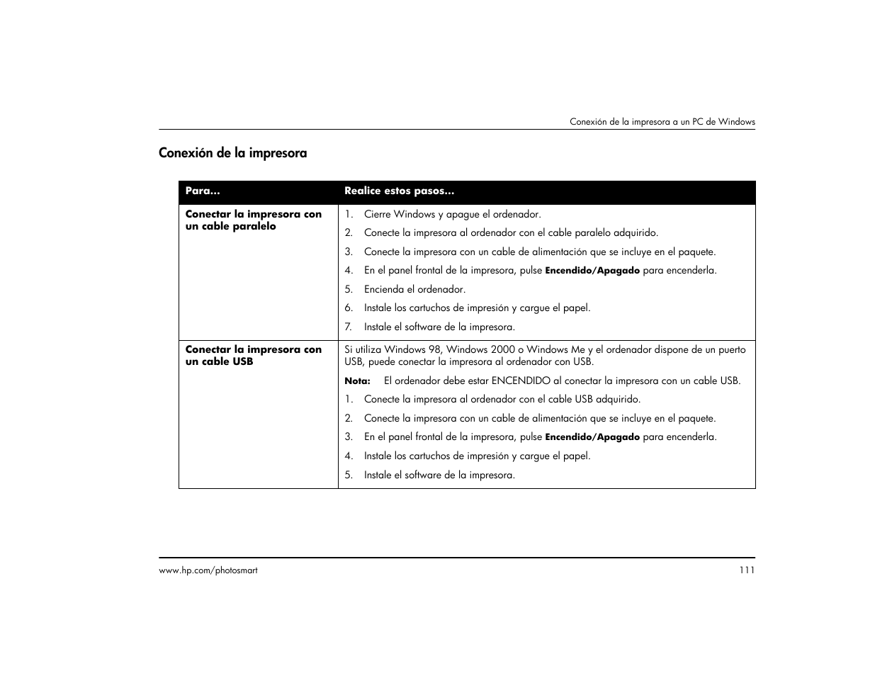 Conexión de la impresora | HP Impresora HP Photosmart p1000 1000 User Manual | Page 117 / 126