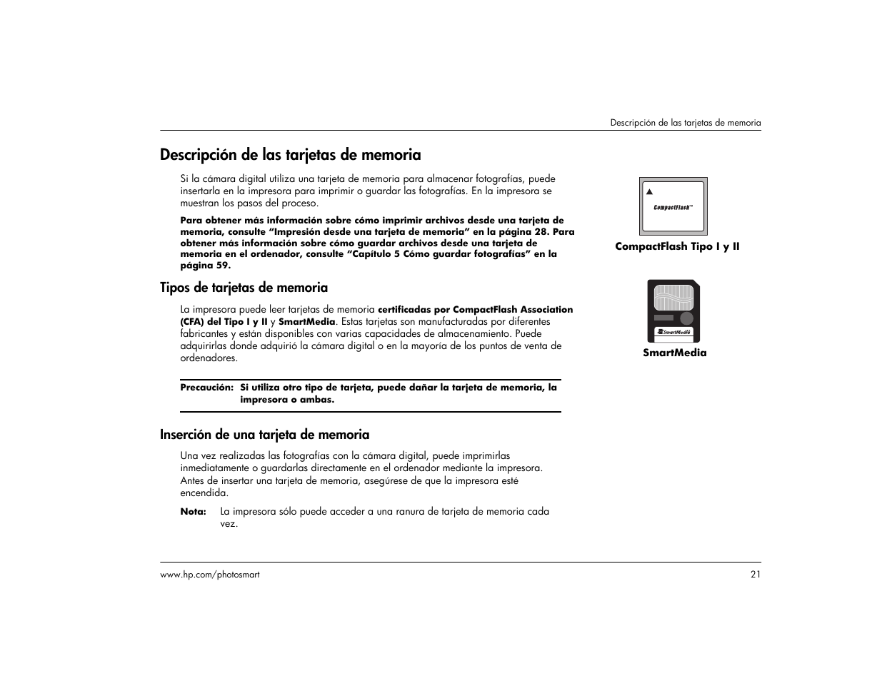 Descripción de las tarjetas de memoria, Tipos de tarjetas de memoria, Inserción de una tarjeta de memoria | HP Impresora HP Photosmart p1000 1000 User Manual | Page 27 / 126