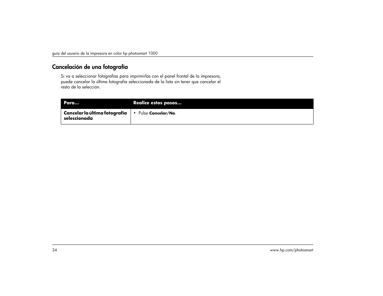 Cancelación de una fotografía | HP Impresora HP Photosmart p1000 1000 User Manual | Page 40 / 126