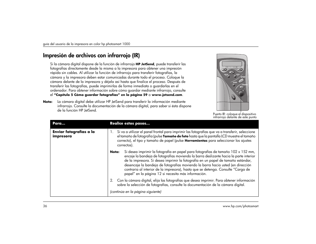Impresión de archivos con infrarrojo (ir) | HP Impresora HP Photosmart p1000 1000 User Manual | Page 42 / 126