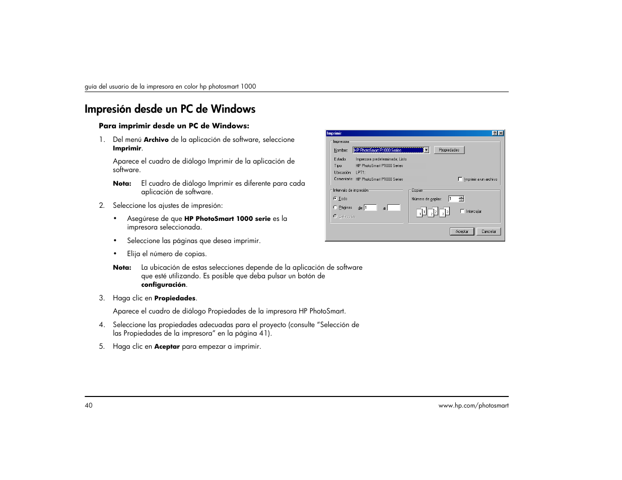 Impresión desde un pc de windows | HP Impresora HP Photosmart p1000 1000 User Manual | Page 46 / 126