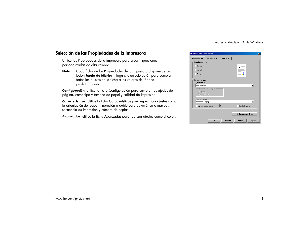 Selección de las propiedades de la impresora | HP Impresora HP Photosmart p1000 1000 User Manual | Page 47 / 126