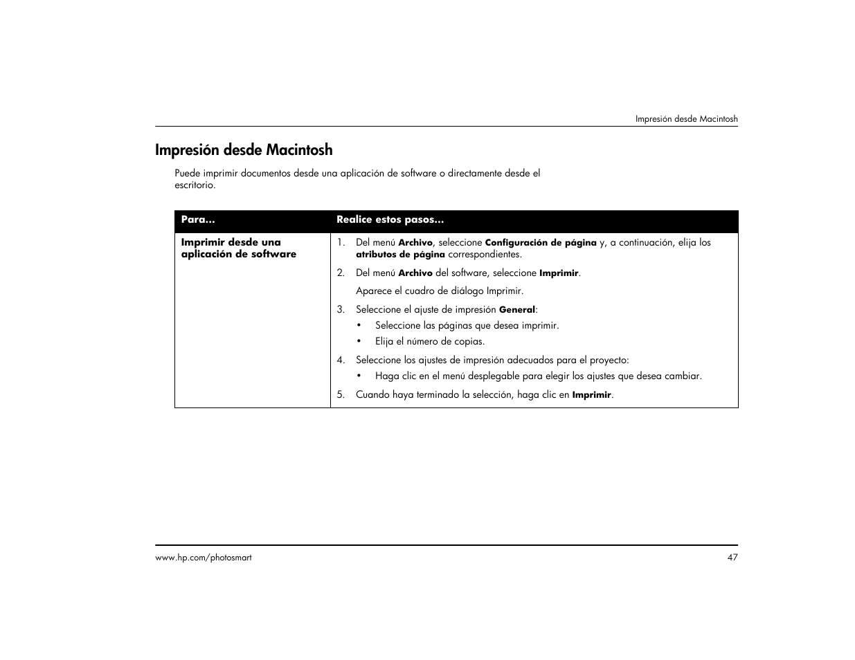Impresión desde macintosh | HP Impresora HP Photosmart p1000 1000 User Manual | Page 53 / 126