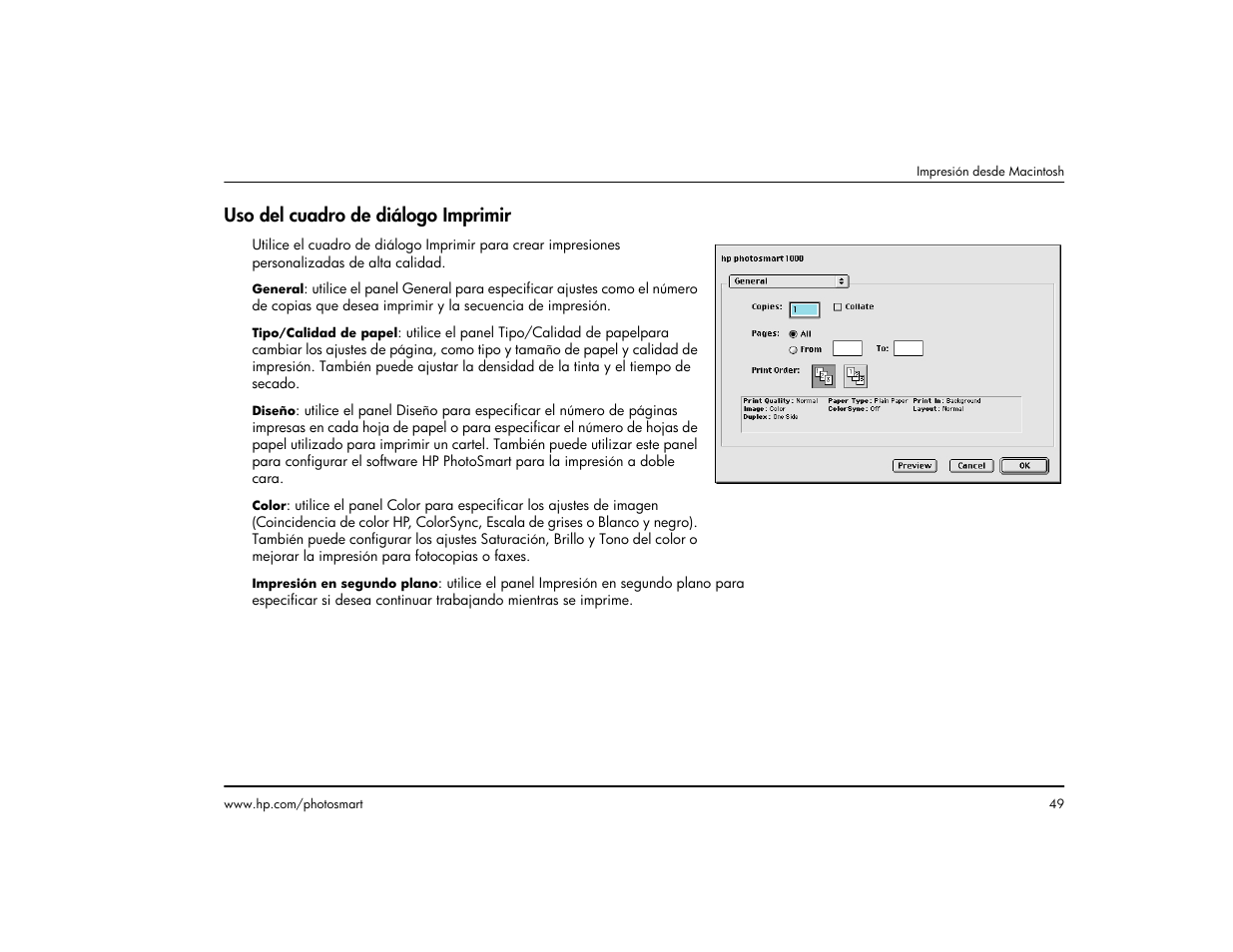 Uso del cuadro de diálogo imprimir | HP Impresora HP Photosmart p1000 1000 User Manual | Page 55 / 126
