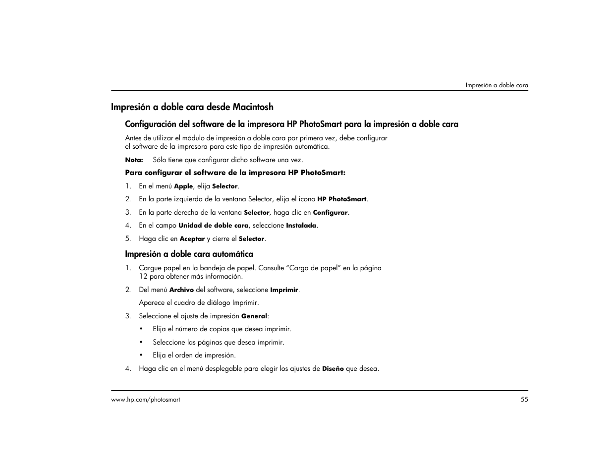 Impresión a doble cara desde macintosh | HP Impresora HP Photosmart p1000 1000 User Manual | Page 61 / 126