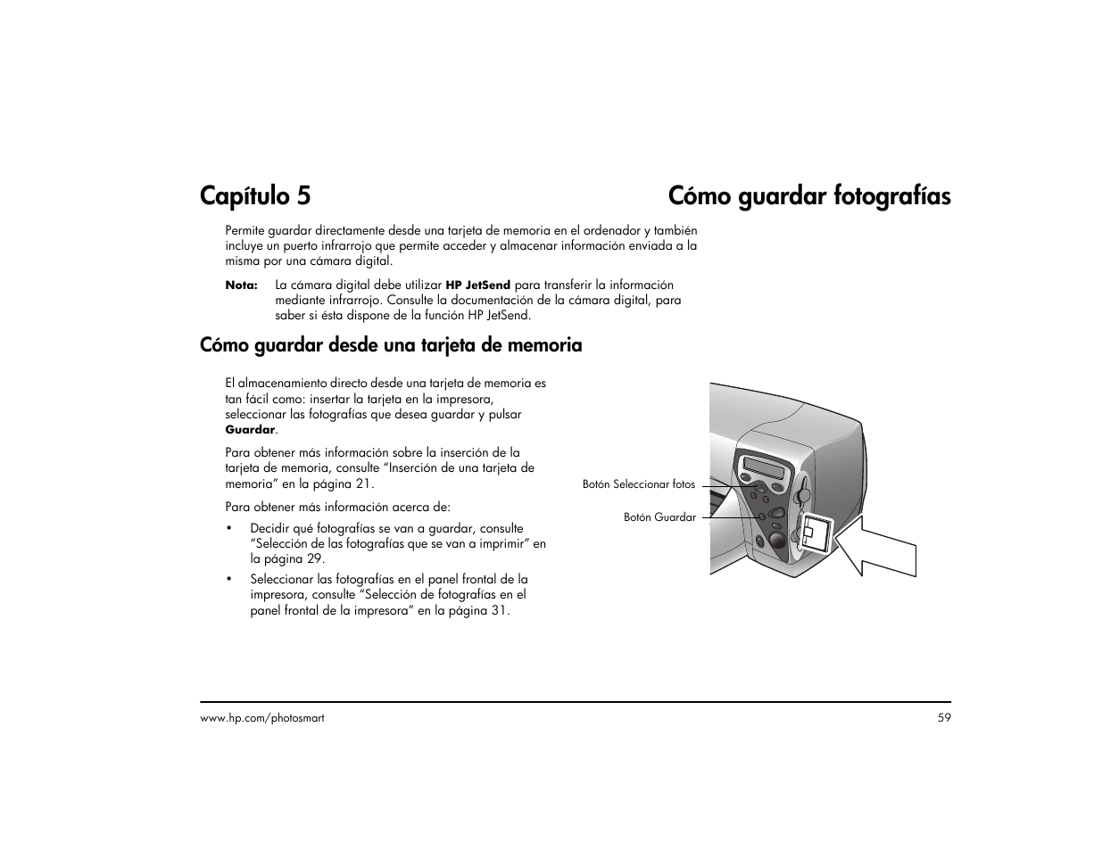 Capítulo5 cómo guardar fotografías, Cómo guardar desde una tarjeta de memoria, Capítulo 5 cómo guardar fotografías | HP Impresora HP Photosmart p1000 1000 User Manual | Page 65 / 126