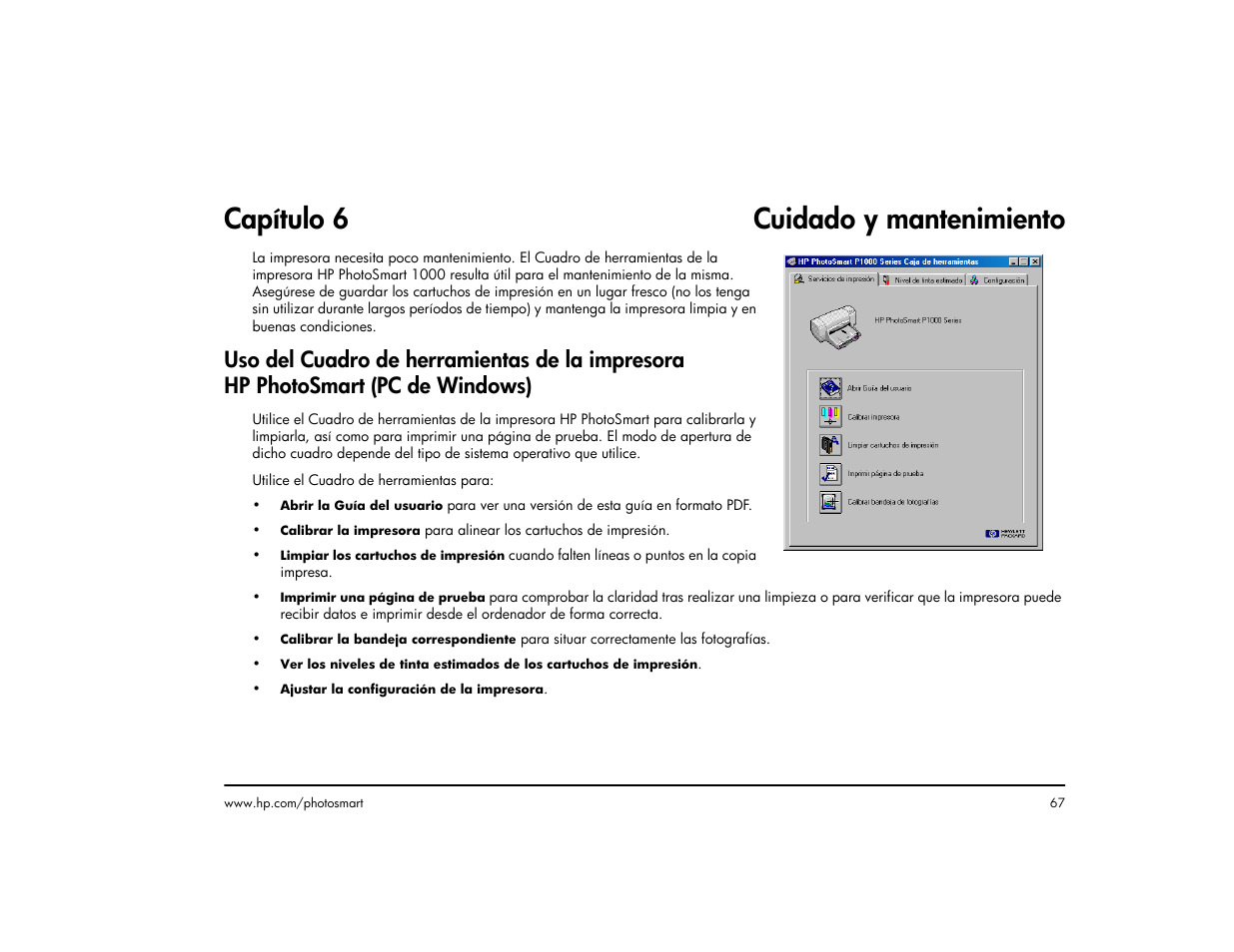 Capítulo 6 cuidado y mantenimiento | HP Impresora HP Photosmart p1000 1000 User Manual | Page 73 / 126