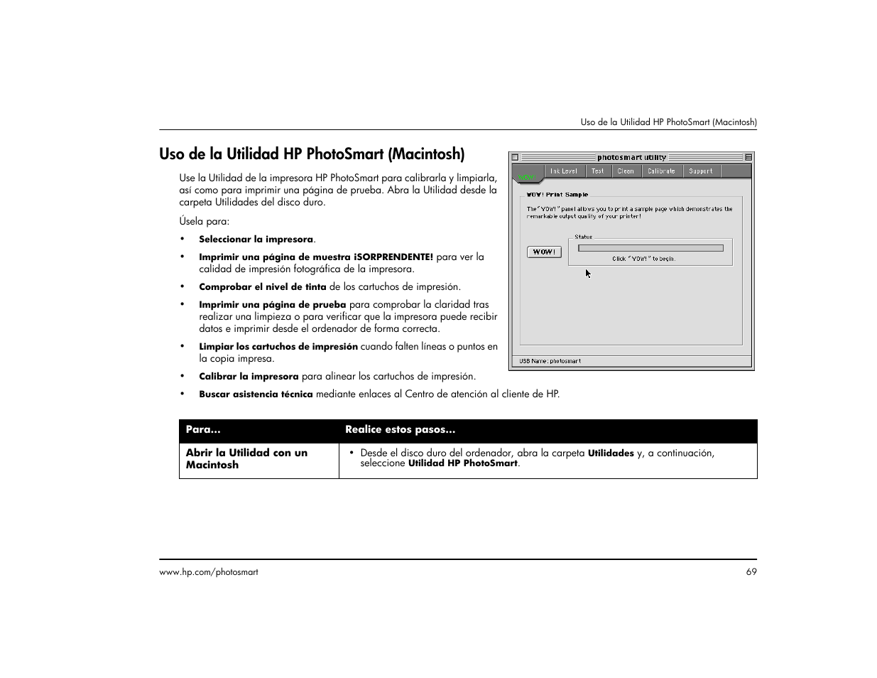Uso de la utilidad hp photosmart (macintosh) | HP Impresora HP Photosmart p1000 1000 User Manual | Page 75 / 126