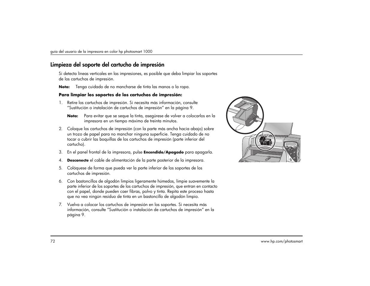 Limpieza del soporte del cartucho de impresión | HP Impresora HP Photosmart p1000 1000 User Manual | Page 78 / 126