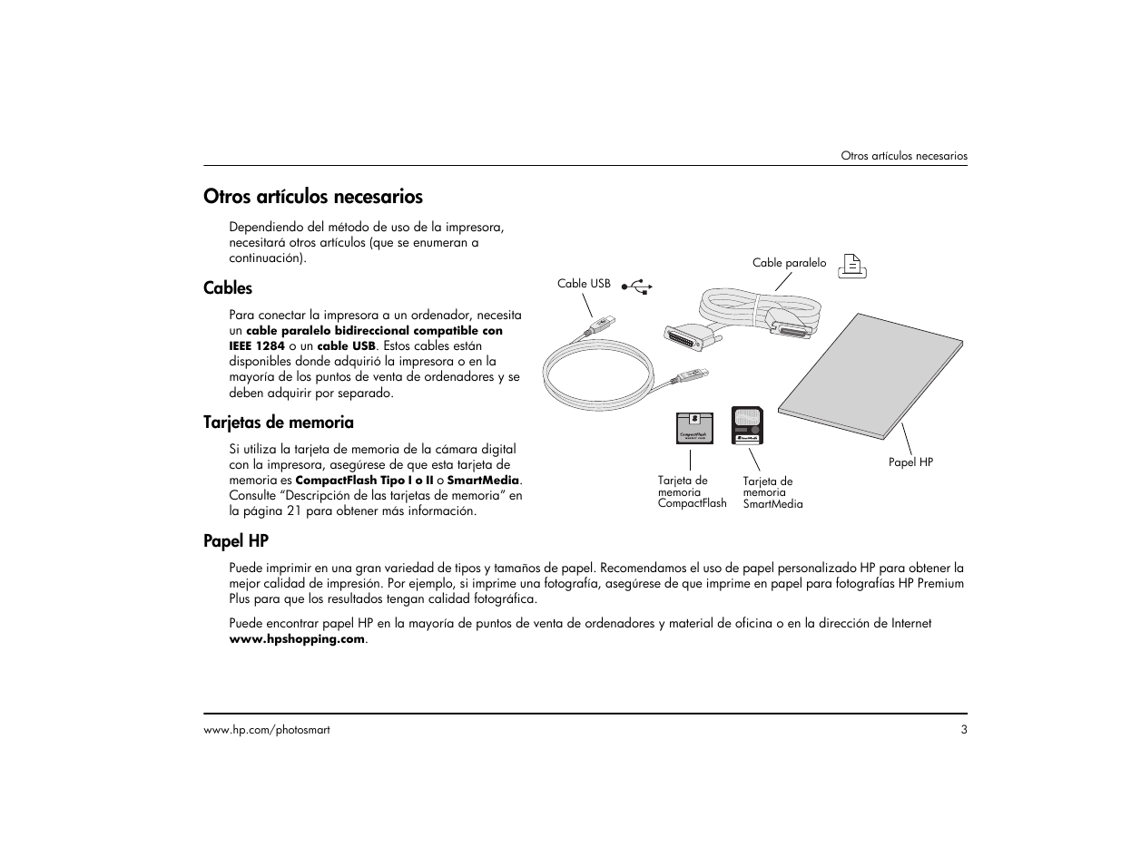 Otros artículos necesarios, Cables, Tarjetas de memoria | Papel hp, Cables tarjetas de memoria papel hp | HP Impresora HP Photosmart p1000 1000 User Manual | Page 9 / 126