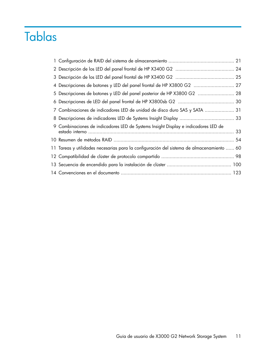 Tablas | HP Sistemas de almacenamiento de red HP X1000 User Manual | Page 11 / 152