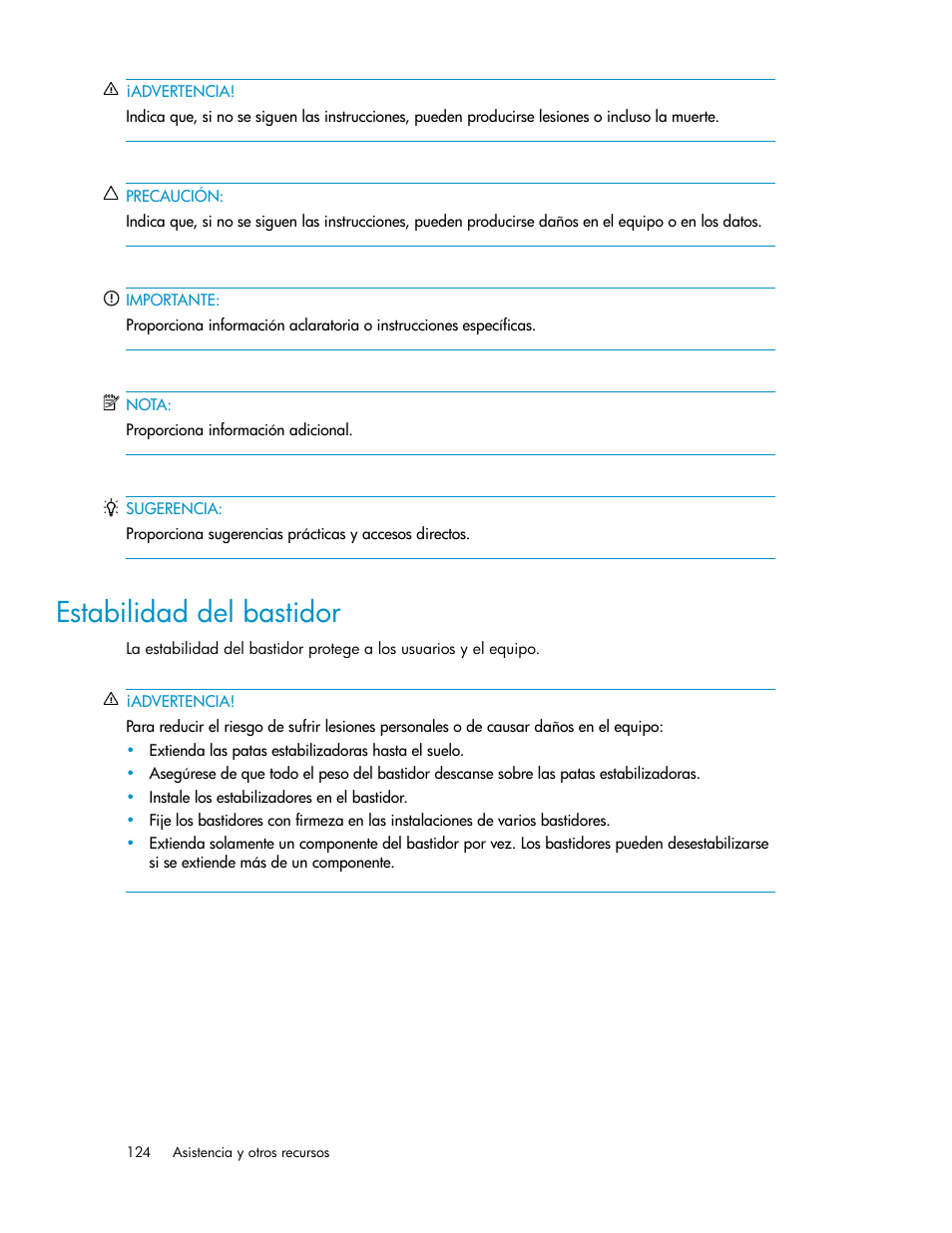 Estabilidad del bastidor | HP Sistemas de almacenamiento de red HP X1000 User Manual | Page 124 / 152