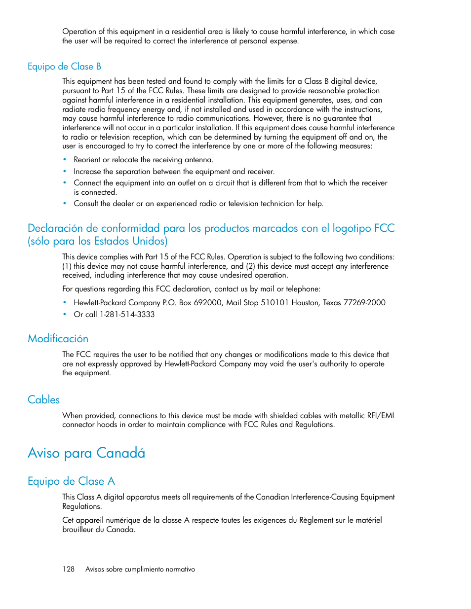 Equipo de clase b, Modificación, Cables | Aviso para canadá, Equipo de clase a, 128 modificación, 128 cables | HP Sistemas de almacenamiento de red HP X1000 User Manual | Page 128 / 152