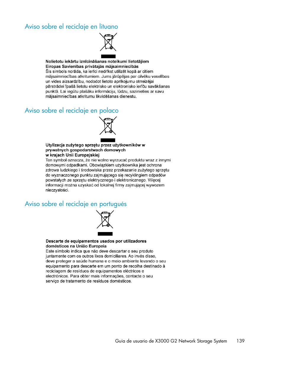Aviso sobre el reciclaje en lituano, Aviso sobre el reciclaje en polaco, Aviso sobre el reciclaje en portugués | 139 aviso sobre el reciclaje en polaco, 139 aviso sobre el reciclaje en portugués | HP Sistemas de almacenamiento de red HP X1000 User Manual | Page 139 / 152