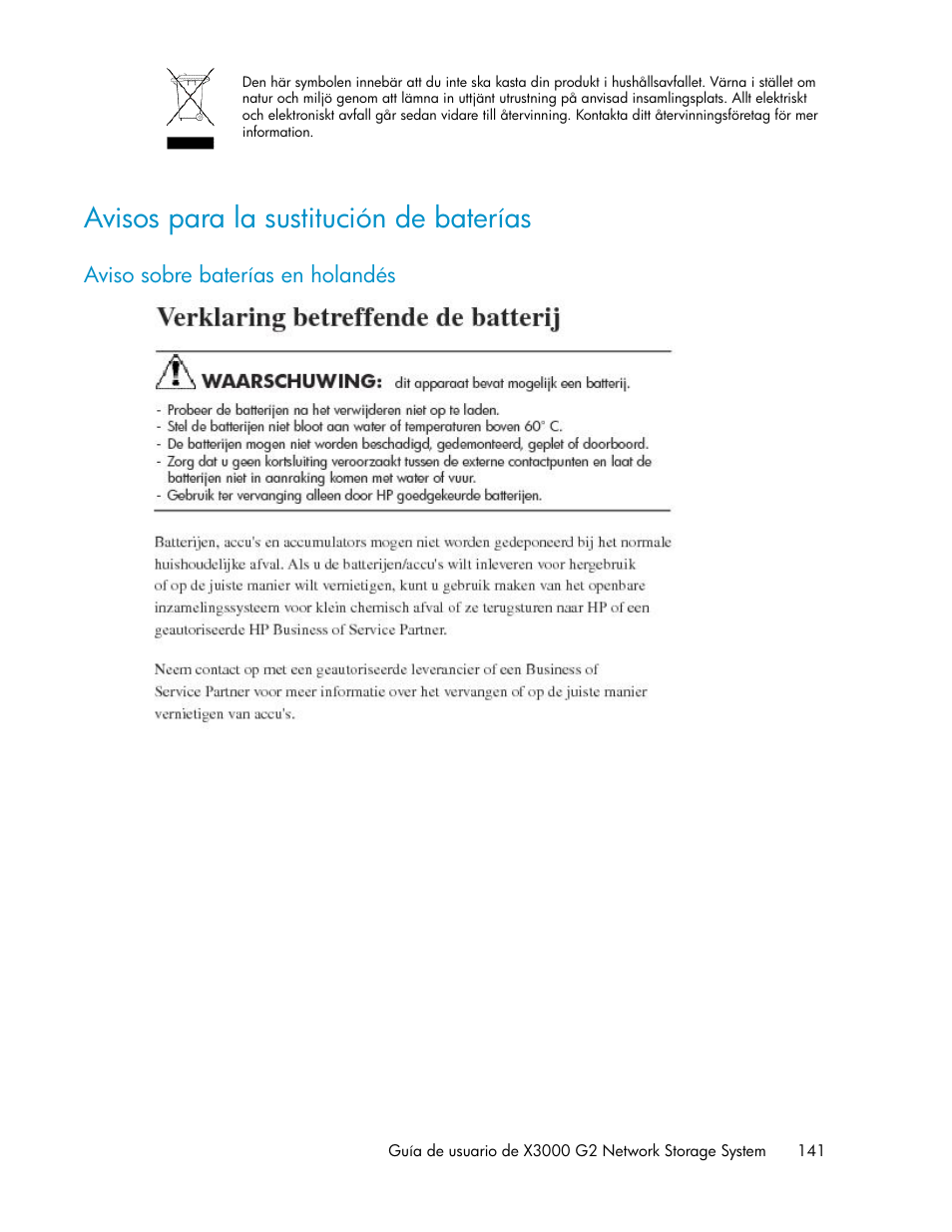 Avisos para la sustitución de baterías, Aviso sobre baterías en holandés | HP Sistemas de almacenamiento de red HP X1000 User Manual | Page 141 / 152