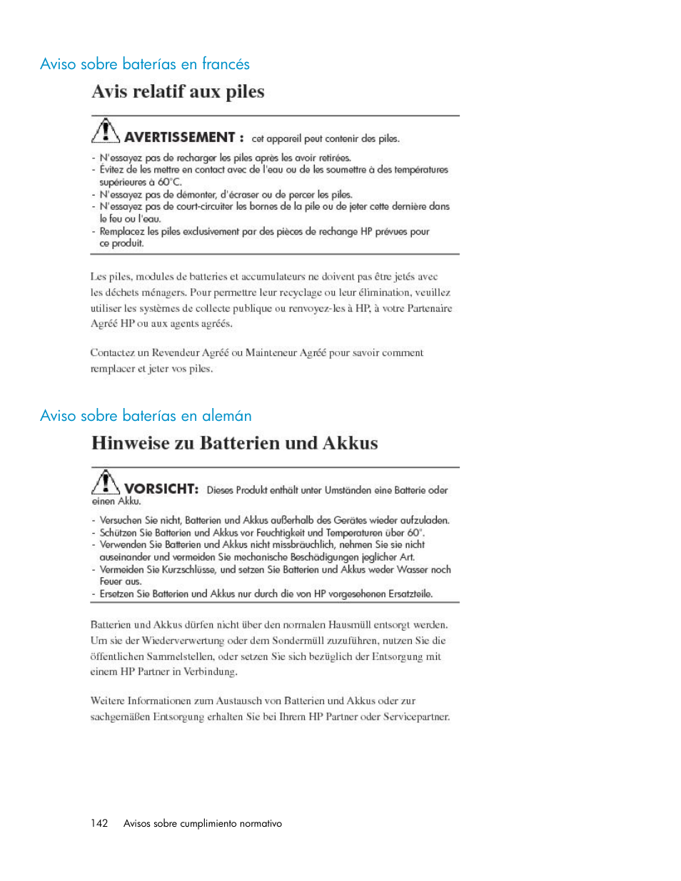 Aviso sobre baterías en francés, Aviso sobre baterías en alemán, 142 aviso sobre baterías en alemán | HP Sistemas de almacenamiento de red HP X1000 User Manual | Page 142 / 152