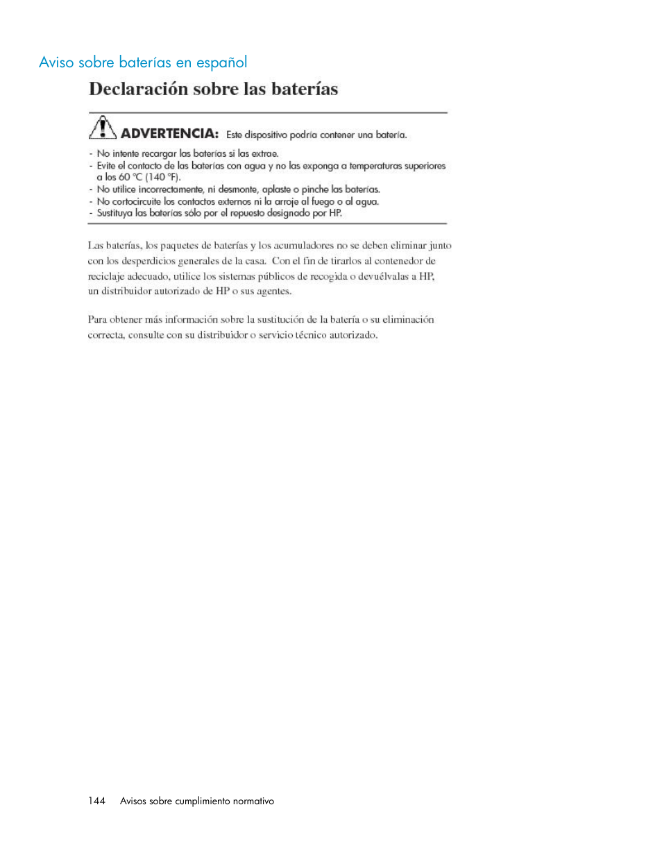 Aviso sobre baterías en español | HP Sistemas de almacenamiento de red HP X1000 User Manual | Page 144 / 152