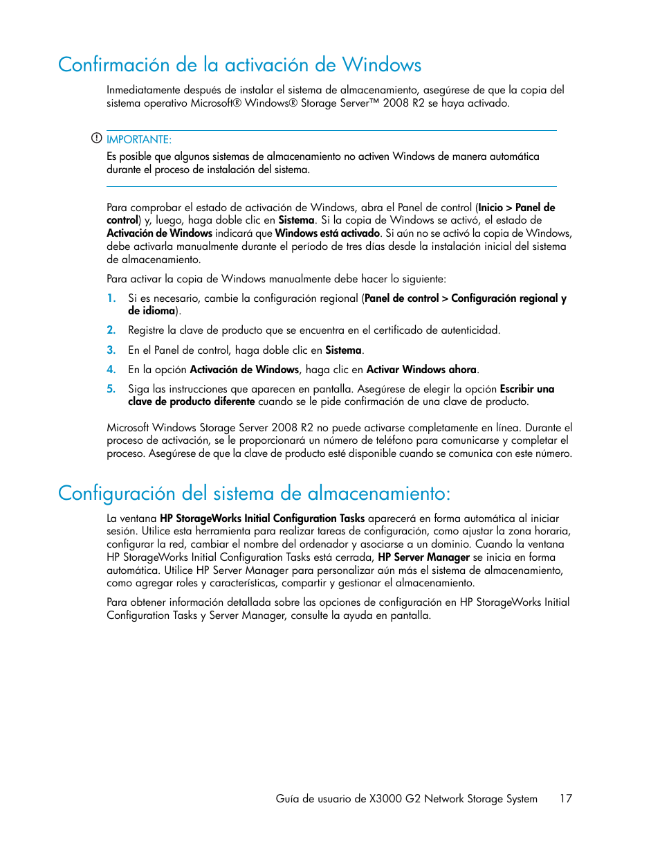 Confirmación de la activación de windows, Configuración del sistema de almacenamiento, 17 configuración del sistema de almacenamiento | HP Sistemas de almacenamiento de red HP X1000 User Manual | Page 17 / 152