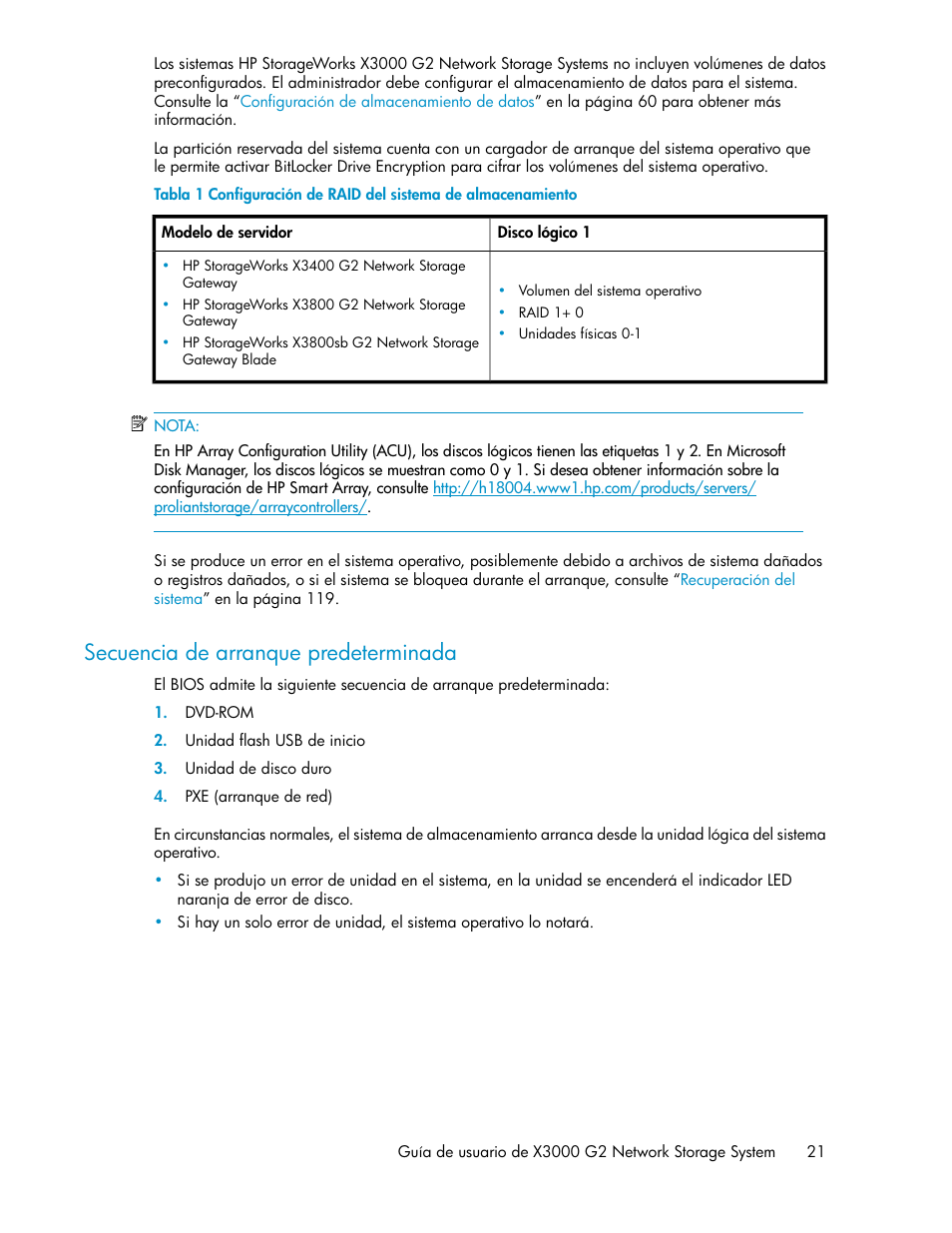 Secuencia de arranque predeterminada | HP Sistemas de almacenamiento de red HP X1000 User Manual | Page 21 / 152