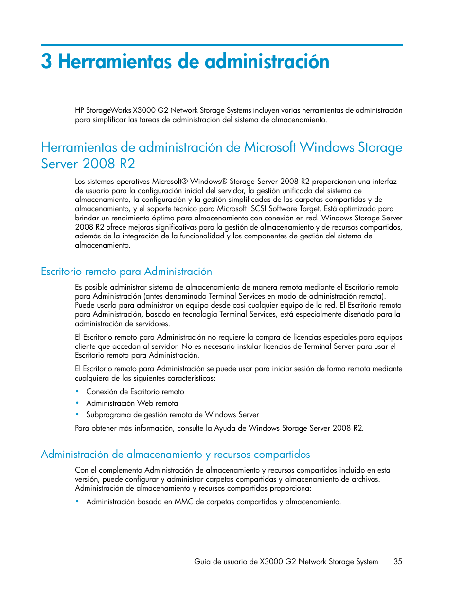 3 herramientas de administración, Escritorio remoto para administración | HP Sistemas de almacenamiento de red HP X1000 User Manual | Page 35 / 152