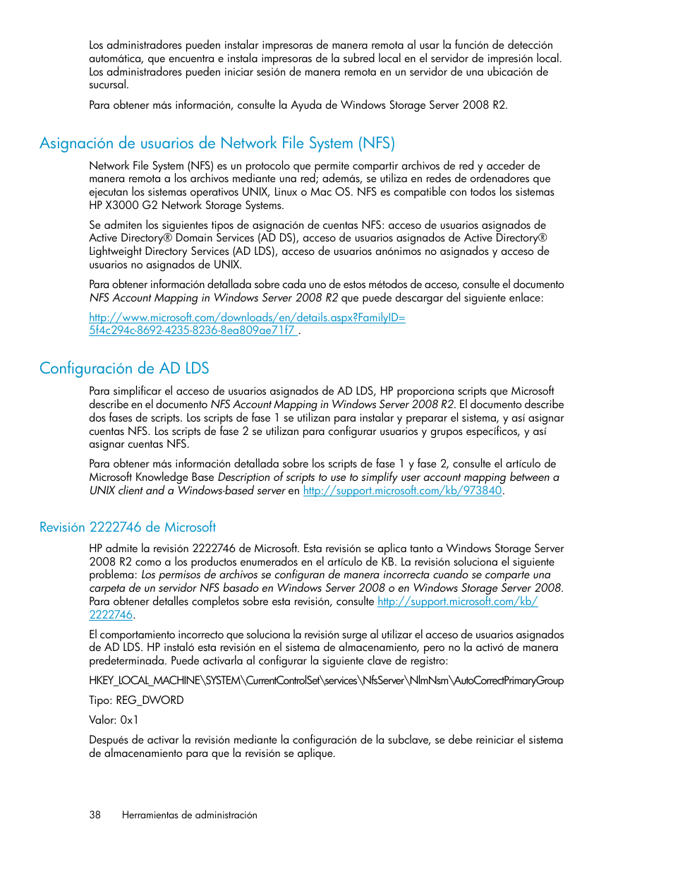 Configuración de ad lds, Revisión 2222746 de microsoft, 38 configuración de ad lds | HP Sistemas de almacenamiento de red HP X1000 User Manual | Page 38 / 152