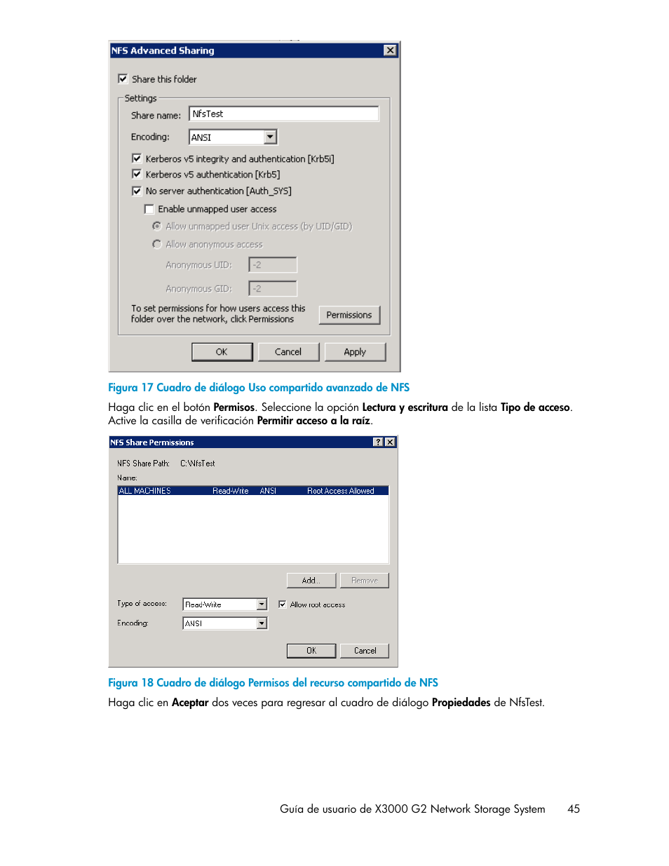 Cuadro de diálogo uso compartido avanzado de nfs | HP Sistemas de almacenamiento de red HP X1000 User Manual | Page 45 / 152