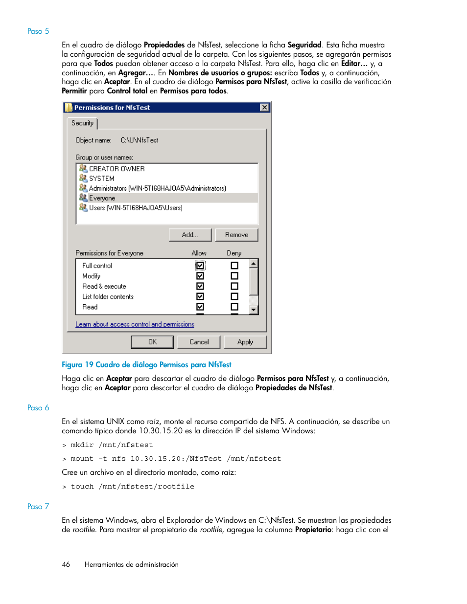 Cuadro de diálogo permisos para nfstest | HP Sistemas de almacenamiento de red HP X1000 User Manual | Page 46 / 152