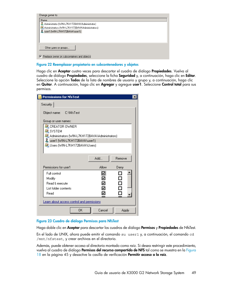 Cuadro de diálogo permisos para nfstest | HP Sistemas de almacenamiento de red HP X1000 User Manual | Page 49 / 152
