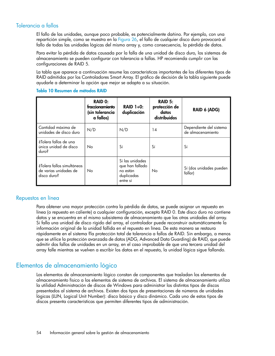 Tolerancia a fallos, Repuestos en línea, Elementos de almacenamiento lógico | 54 repuestos en línea, Resumen de métodos raid | HP Sistemas de almacenamiento de red HP X1000 User Manual | Page 54 / 152