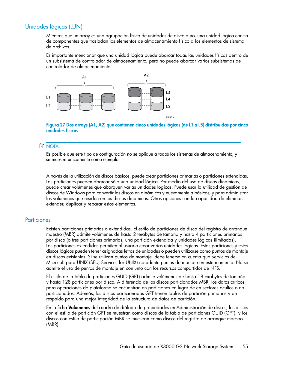 Unidades lógicas (lun), Particiones, 55 particiones | HP Sistemas de almacenamiento de red HP X1000 User Manual | Page 55 / 152