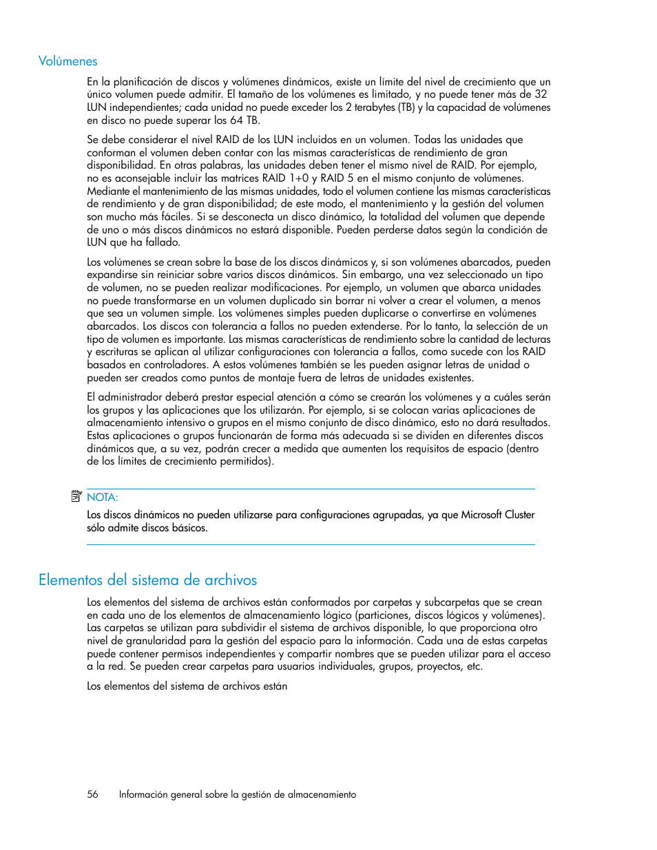 Volúmenes, Elementos del sistema de archivos | HP Sistemas de almacenamiento de red HP X1000 User Manual | Page 56 / 152