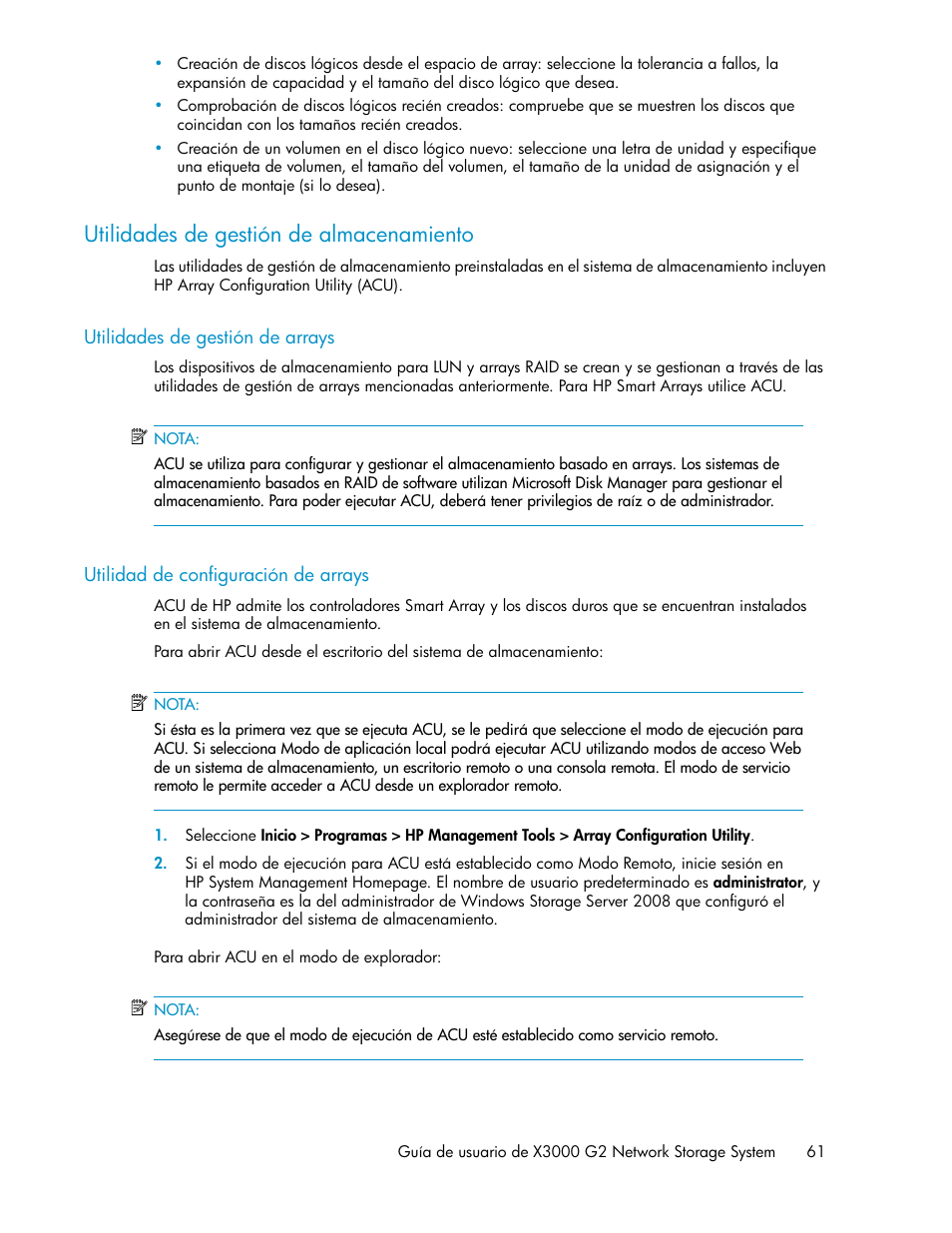 Utilidades de gestión de almacenamiento, Utilidades de gestión de arrays, Utilidad de configuración de arrays | 61 utilidad de configuración de arrays | HP Sistemas de almacenamiento de red HP X1000 User Manual | Page 61 / 152