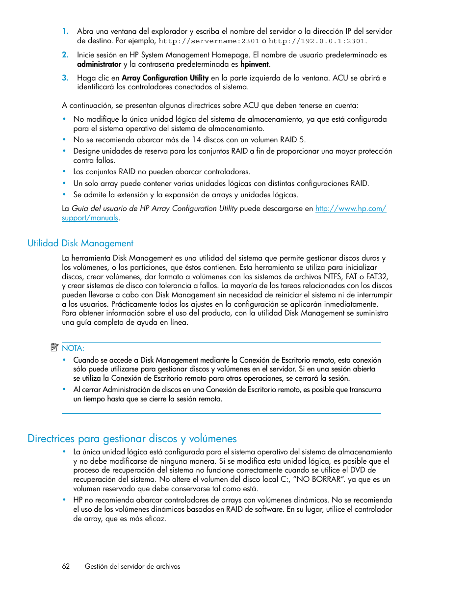 Utilidad disk management, Directrices para gestionar discos y volúmenes | HP Sistemas de almacenamiento de red HP X1000 User Manual | Page 62 / 152