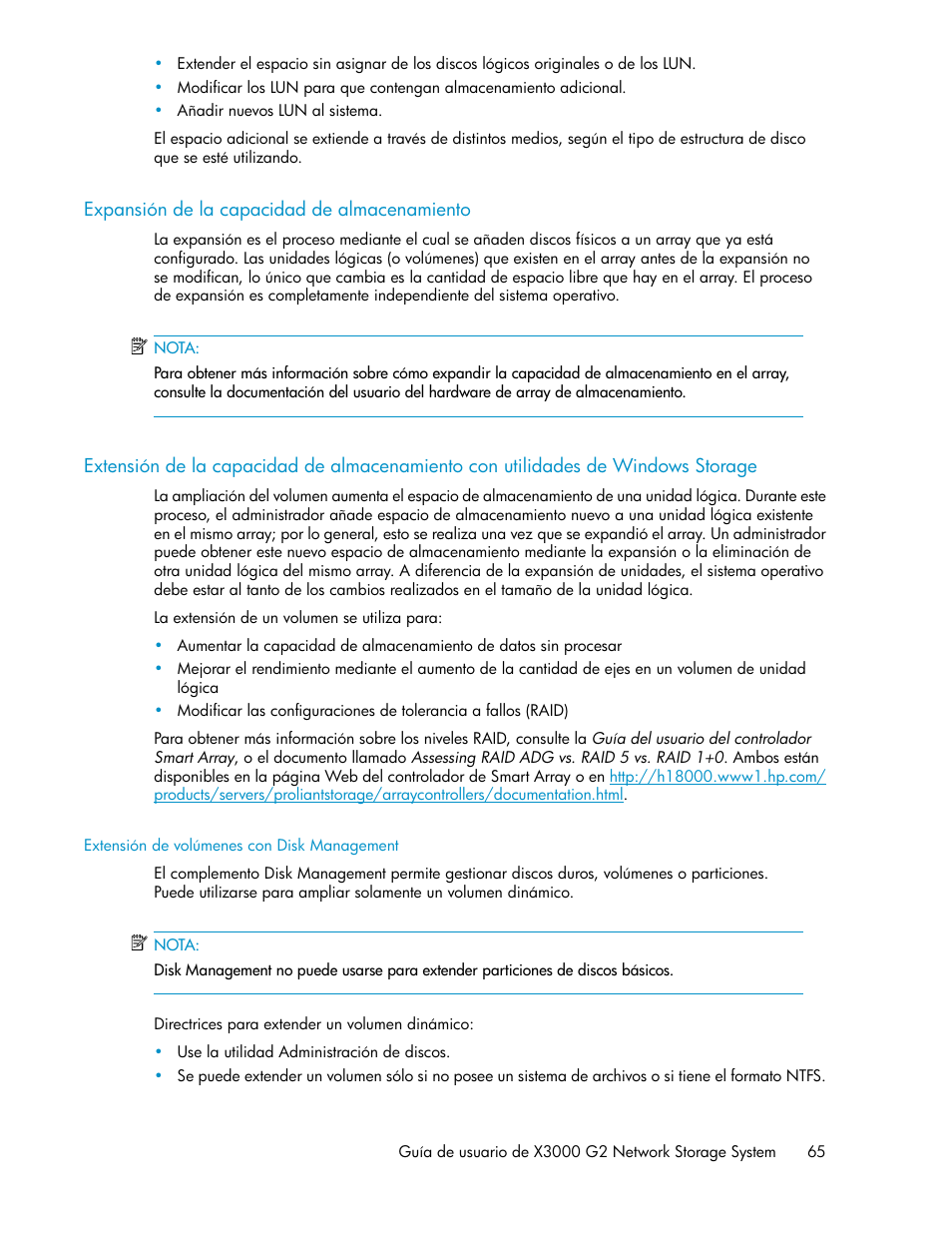 Expansión de la capacidad de almacenamiento, Extensión de volúmenes con disk management | HP Sistemas de almacenamiento de red HP X1000 User Manual | Page 65 / 152