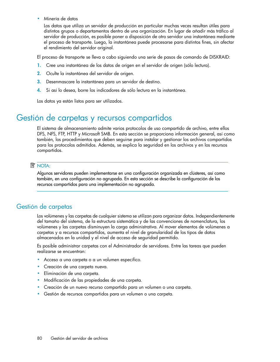 Gestión de carpetas y recursos compartidos, Gestión de carpetas | HP Sistemas de almacenamiento de red HP X1000 User Manual | Page 80 / 152