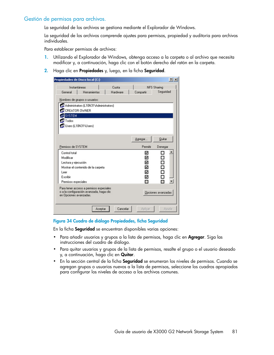 Cuadro de diálogo propiedades, ficha seguridad | HP Sistemas de almacenamiento de red HP X1000 User Manual | Page 81 / 152