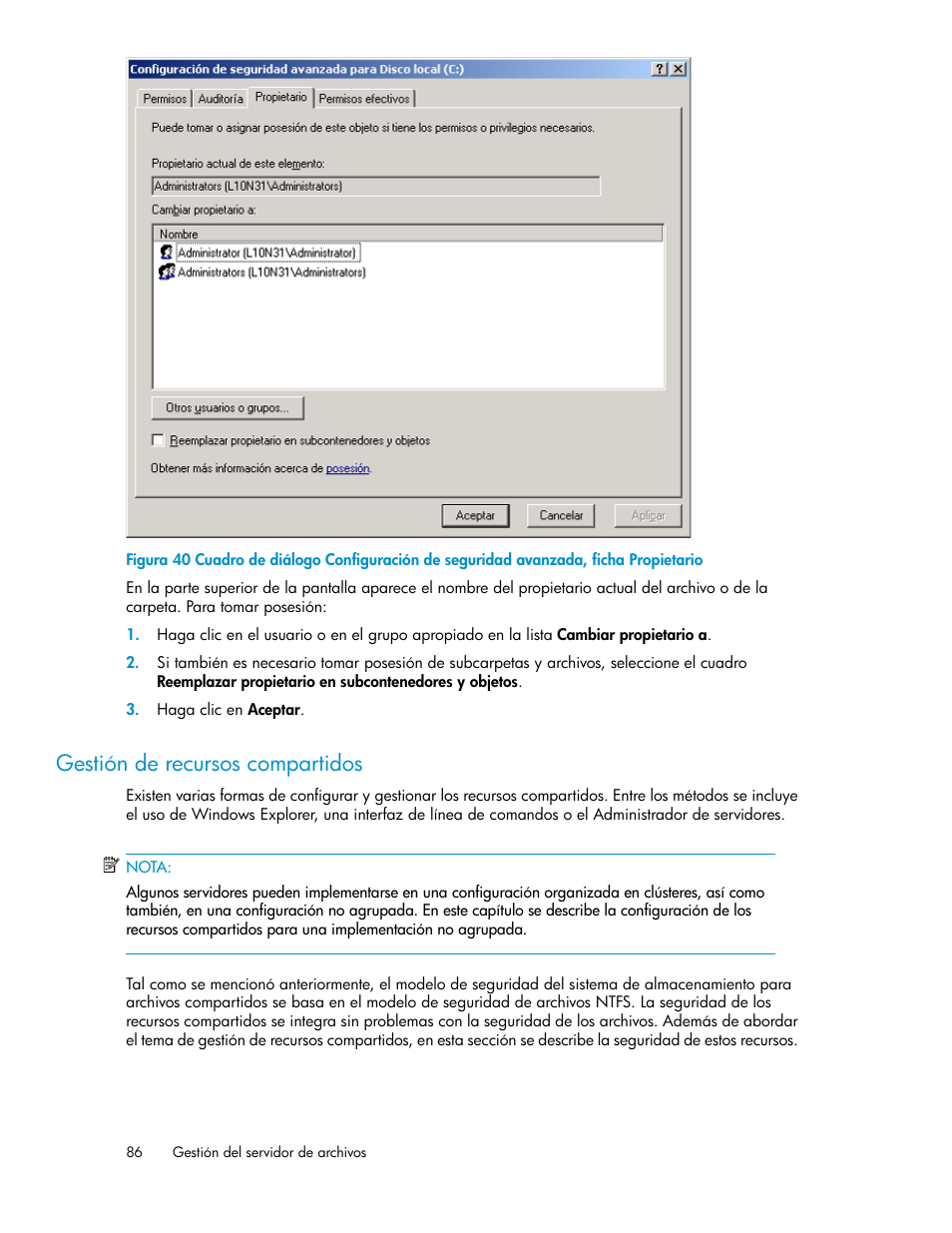 Gestión de recursos compartidos | HP Sistemas de almacenamiento de red HP X1000 User Manual | Page 86 / 152