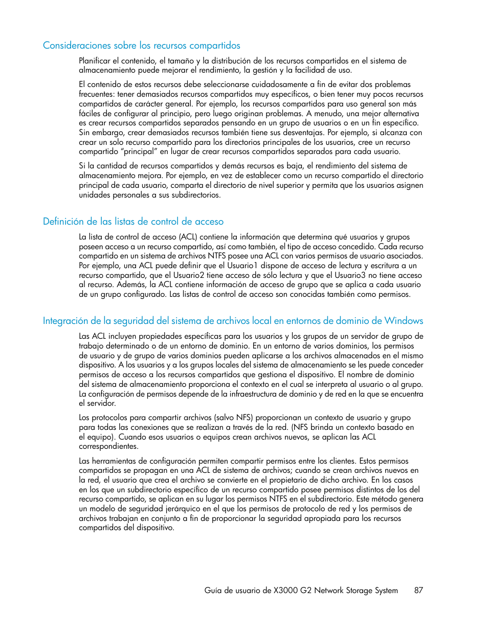 Consideraciones sobre los recursos compartidos, Definición de las listas de control de acceso, 87 definición de las listas de control de acceso | HP Sistemas de almacenamiento de red HP X1000 User Manual | Page 87 / 152