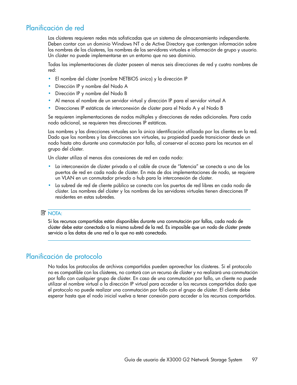 Planificación de red, Planificación de protocolo, 97 planificación de protocolo | HP Sistemas de almacenamiento de red HP X1000 User Manual | Page 97 / 152