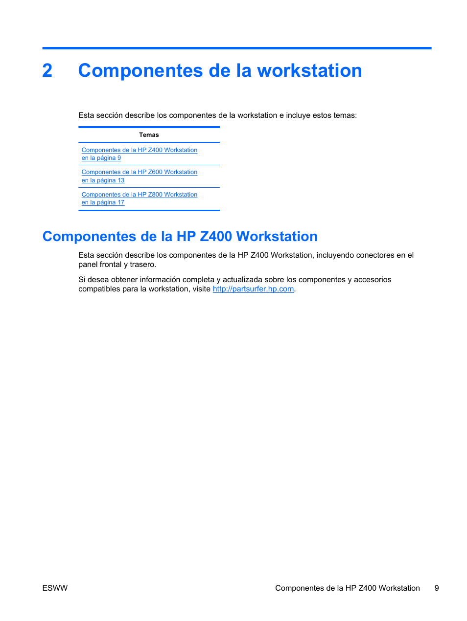 Componentes de la workstation, Componentes de la hp z400 workstation, 2 componentes de la workstation | 2componentes de la workstation | HP Estación de trabajo HP Z600 User Manual | Page 17 / 78