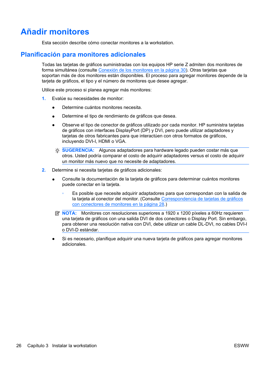 Añadir monitores, Planificación para monitores adicionales | HP Estación de trabajo HP Z600 User Manual | Page 34 / 78