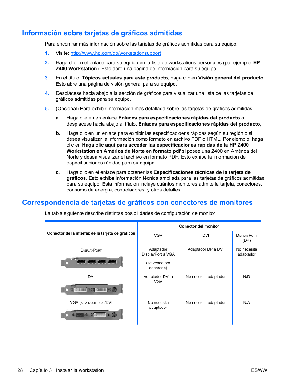 Información sobre tarjetas de gráficos admitidas, Correspondencia de tarjetas de gráficos, Información sobre | Información, Nto en | HP Estación de trabajo HP Z600 User Manual | Page 36 / 78