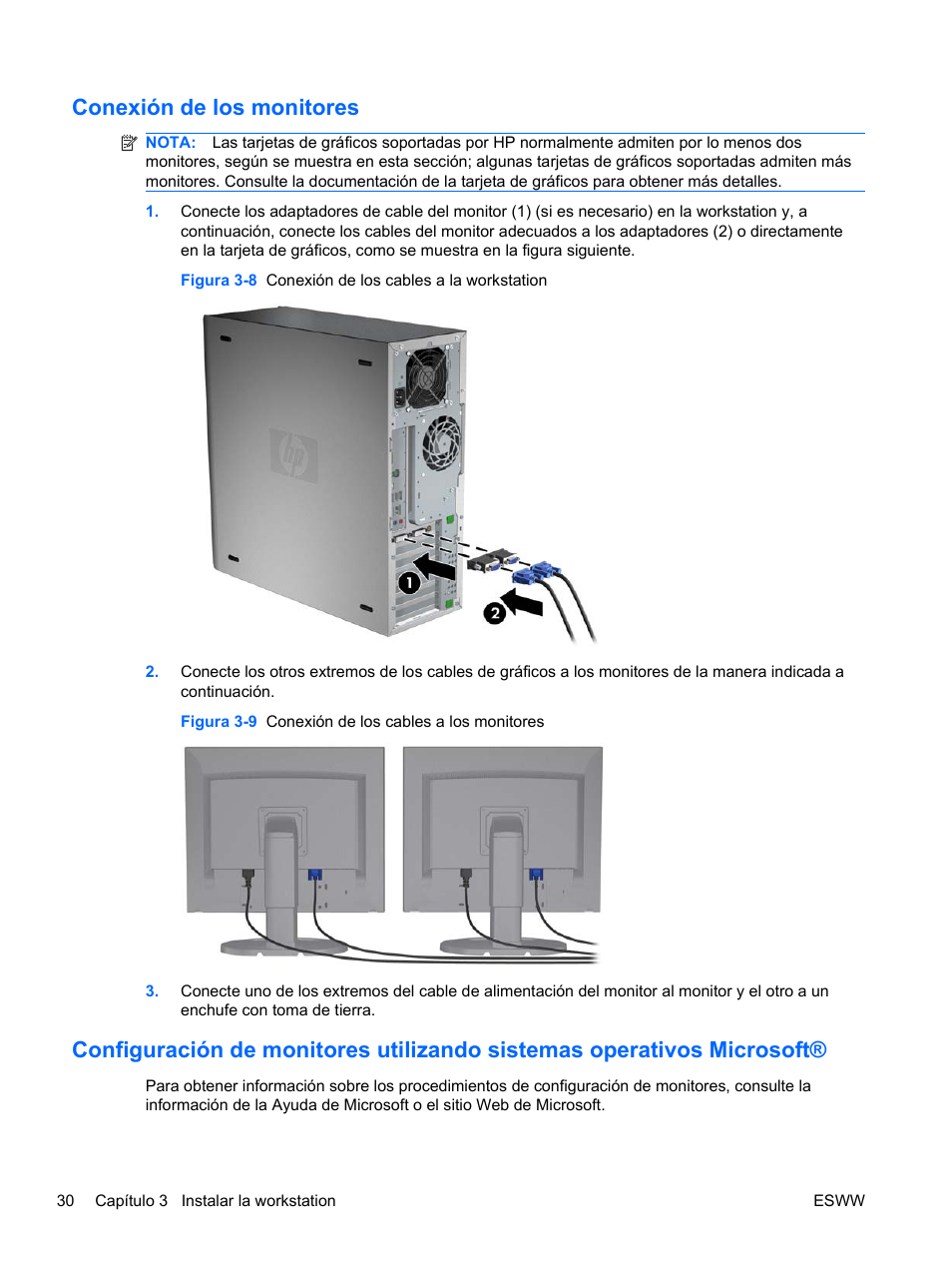 Conexión de los monitores, Configuración de monitores utilizando sistemas | HP Estación de trabajo HP Z600 User Manual | Page 38 / 78