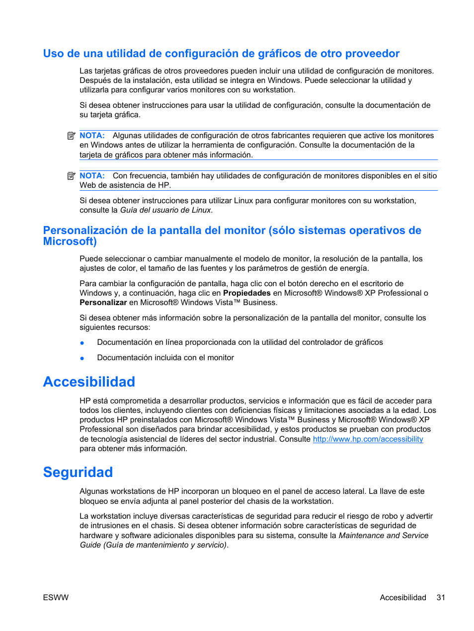 Accesibilidad, Seguridad, Accesibilidad seguridad | HP Estación de trabajo HP Z600 User Manual | Page 39 / 78