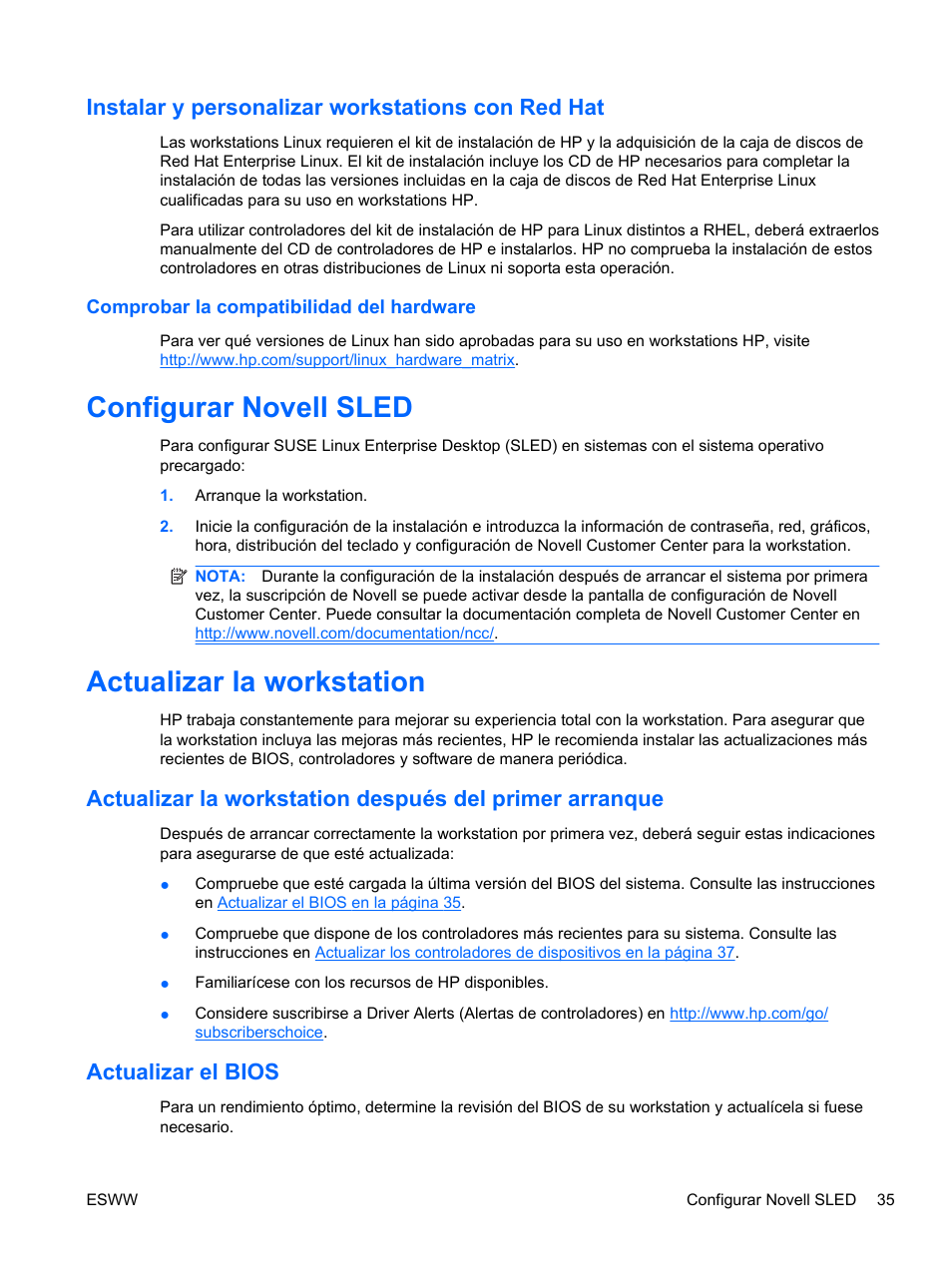 Instalar y personalizar workstations con red hat, Comprobar la compatibilidad del hardware, Configurar novell sled | Actualizar la workstation, Actualizar el bios, Configurar novell sled actualizar la workstation | HP Estación de trabajo HP Z600 User Manual | Page 43 / 78