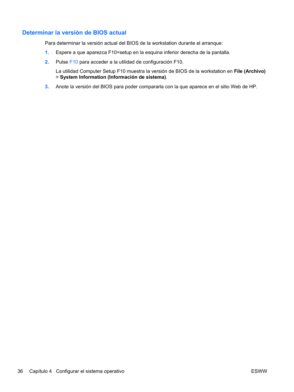 Determinar la versión de bios actual | HP Estación de trabajo HP Z600 User Manual | Page 44 / 78